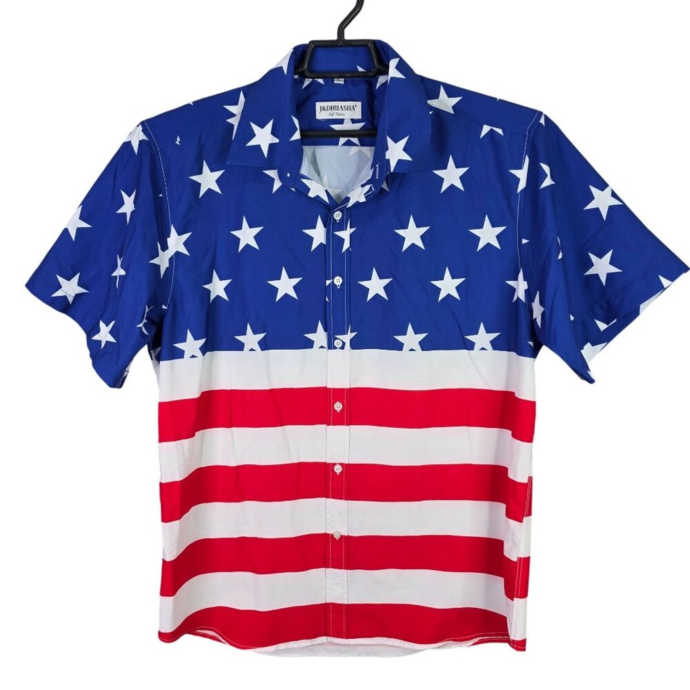 Mens J&Dhuasha American Flag Shirt Short Sleeve Button Up Polyester Size L